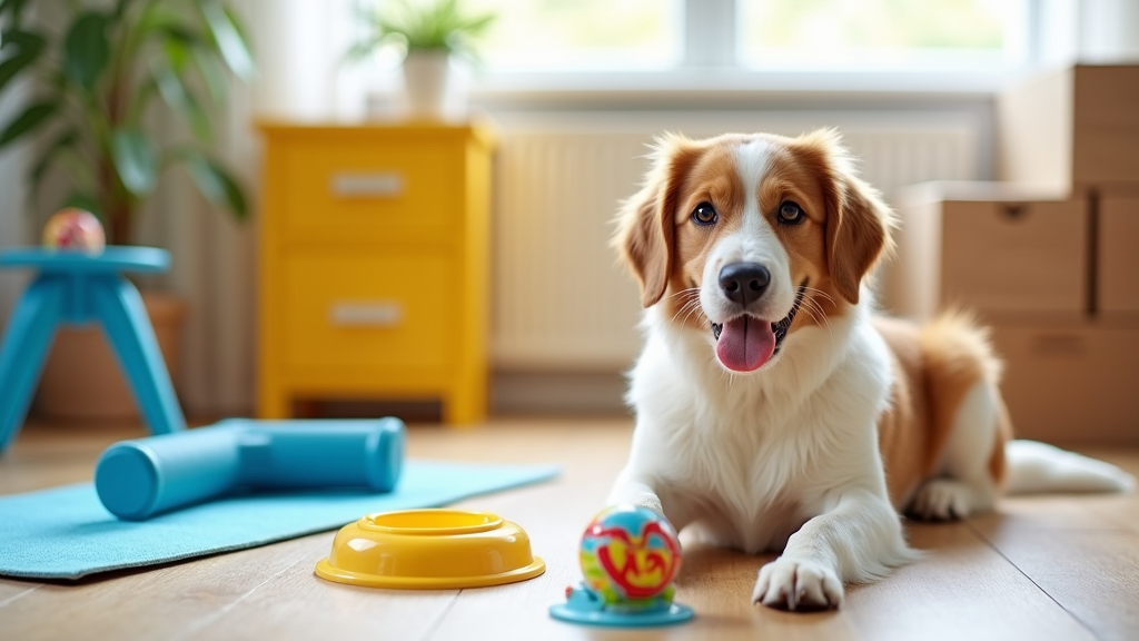 Canine fitness equipment arranged in a bright living space